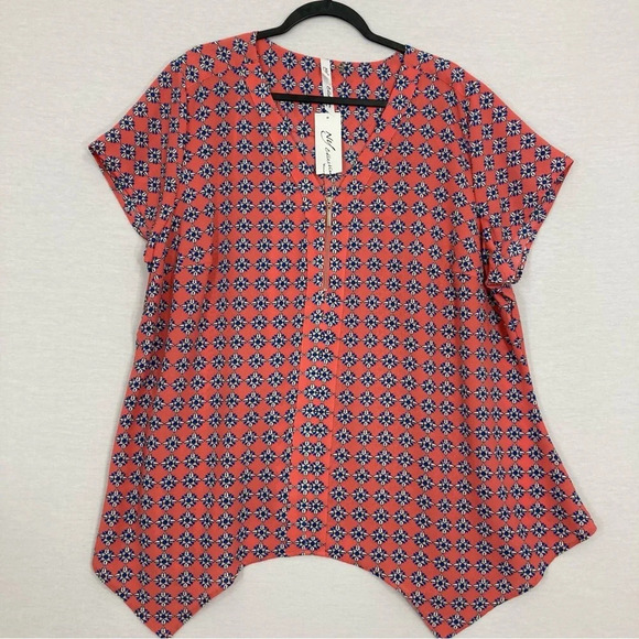New NY Collection Red Blue Geometric V Neck Pullover Top 3X - Picture 1 of 10